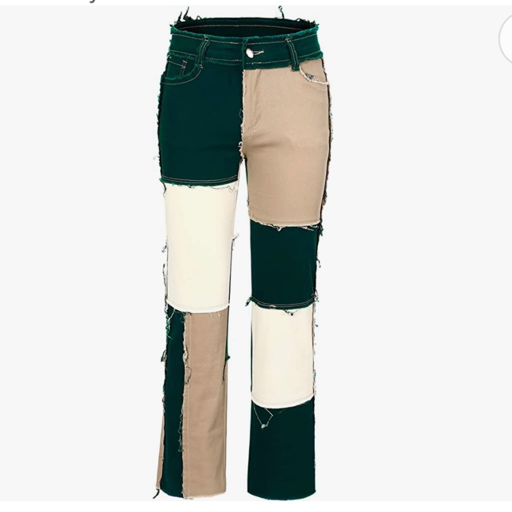 BOGO 50% off -Womens patchwork jeans raw hem denim frayed pants